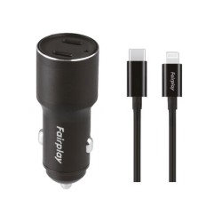 Pack Chargeur Voiture 60W + C&acirc;ble Lightning Fairplay Noir