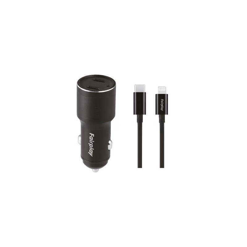 Pack Chargeur Voiture 60W + C&acirc;ble Lightning Fairplay Noir
