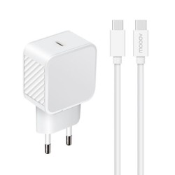 Chargeur secteur 1 USB-C 20W Power Delivery+c&acirc;ble USB-C/USB-C- 1,2 m - Blanc