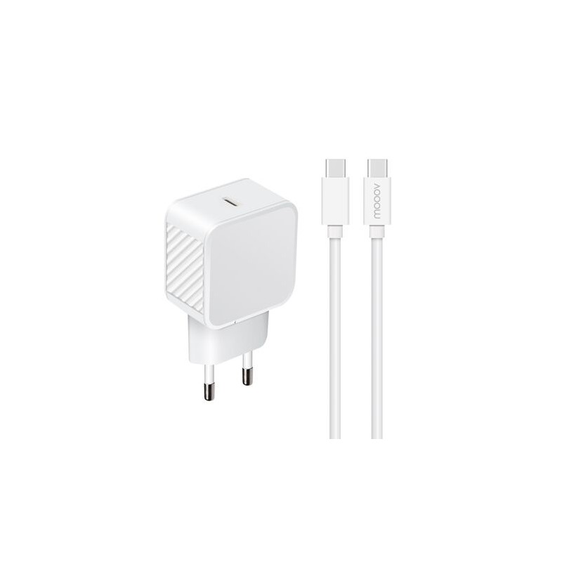 Chargeur secteur 1 USB-C 20W Power Delivery+c&acirc;ble USB-C/USB-C- 1,2 m - Blanc