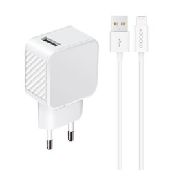 Chargeur secteur 1 USB-A 2.4A Fast Charge+ c&acirc;ble USB-A/MFI - 1,2 m - Blanc