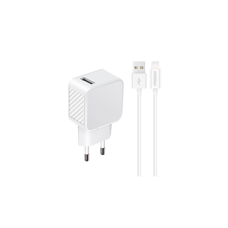 Chargeur secteur 1 USB-A 2.4A Fast Charge+ c&acirc;ble USB-A/MFI - 1,2 m - Blanc