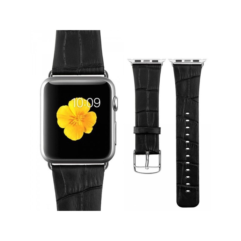 Bracelet Apple Watch 42mm Motif Cuir Crocodile Noir